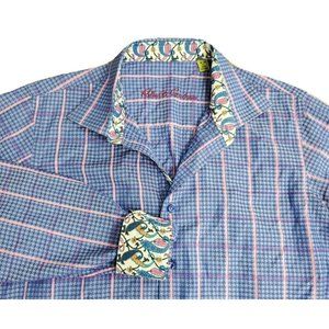 Robert Graham Men's 18-20 XL Cotton Casual Button Dress Shirt Blue Pink Graphic